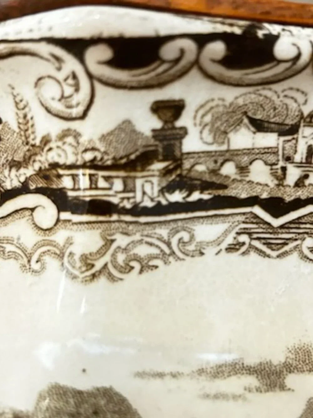 Rare Antique 19th Century English Brown Transferware Pastoral Scene Lamp Base